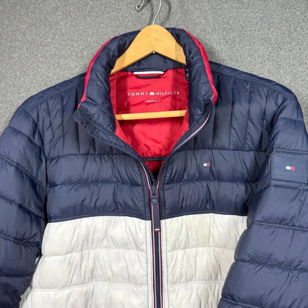 Tommy Hilfiger Mens Packable Puffer Jacket Colorblock Navy Red White 150AN796 M - Picture 2 of 12